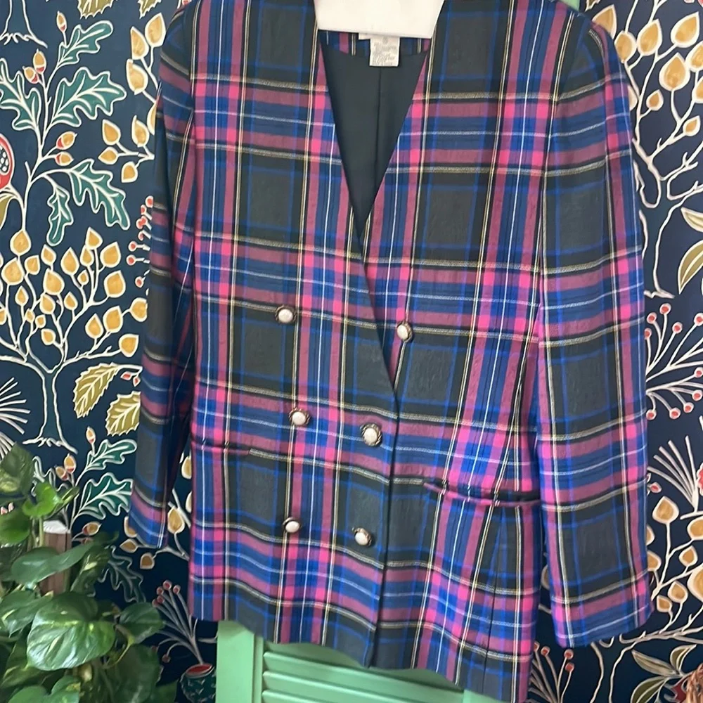 HBS Ltd. Vintage Pink and Blue Plaid Oversized Blazer